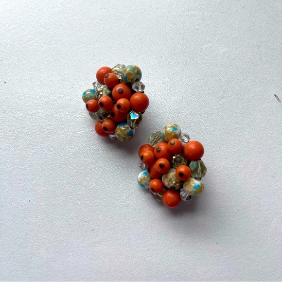 Vintage Stunning Orange Clear Faux Pearl Clip on Earrings - Picture 1 of 4